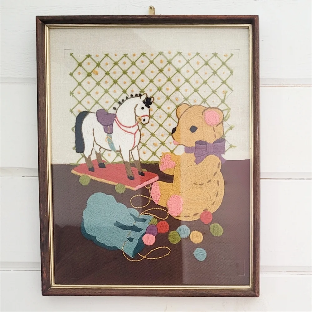 Vintage Crewel Embroidery Nursery Wall Art Bear Horse Framed - Picture 7 of 7